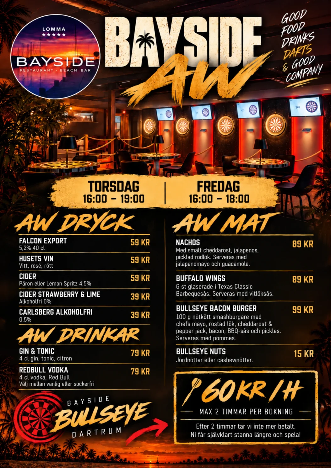 Bayside AW-affisch med AW-dryck, AW-mat och dart